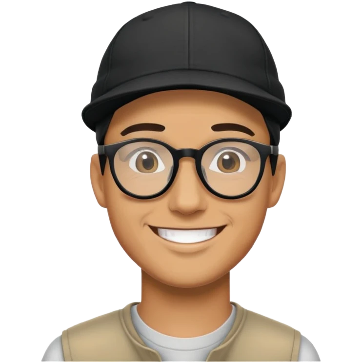 Man with black glasses  in black cap smiling outdoors emoji