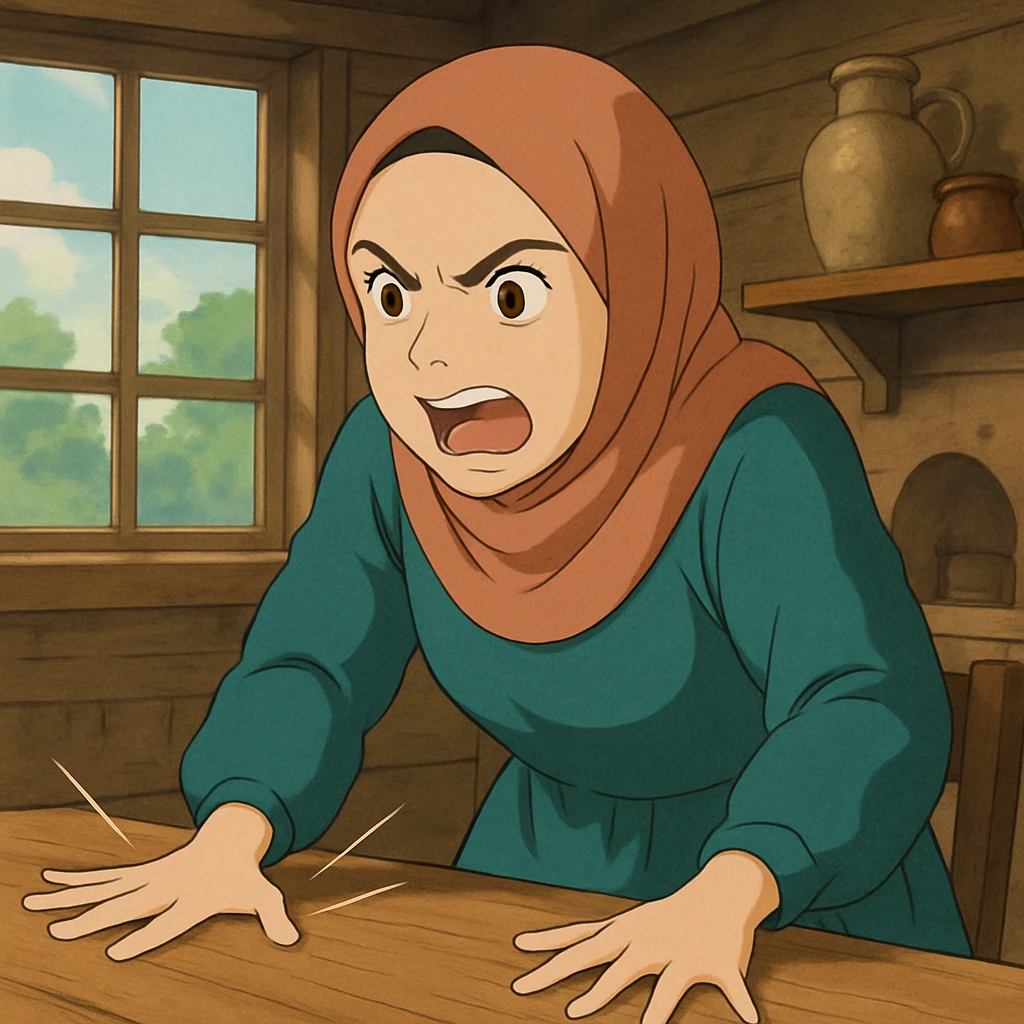 ghibli style hijabi woman slamming table in anger emoji