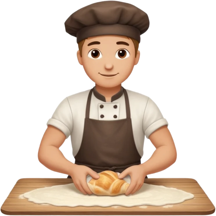 Young male baker – rolling croissant dough on a wooden table, flour on clothes

 emoji