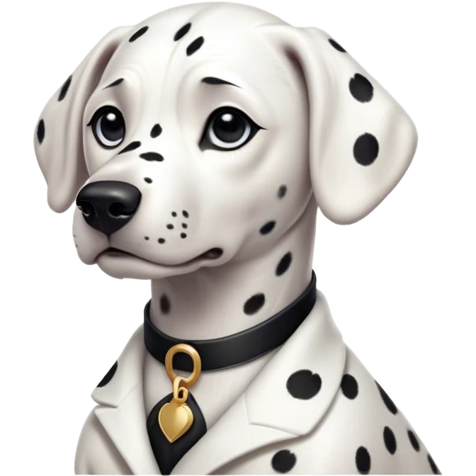 Cinematic Noble Dalmatian Portrait Emoji, Poised and regal, with a lean, athletic build and a glossy white coat adorned with distinctive black spots, deep-set soulful dark eyes, Simplified yet sharp and sophisticated features, highly detailed, glowing with a soft, dignified glow, high shine, intelligent and alert, stylized with an air of elegance, focused and attentive, soft glowing outline, capturing the essence of a watchful and confident companion, so majestic it feels as though it could dash out of the screen with effortless authority! emoji