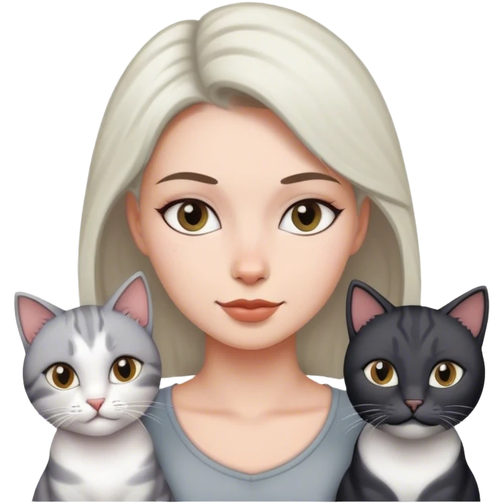 woman with four cat, one is black one is full white the other two is full gray cats emoji