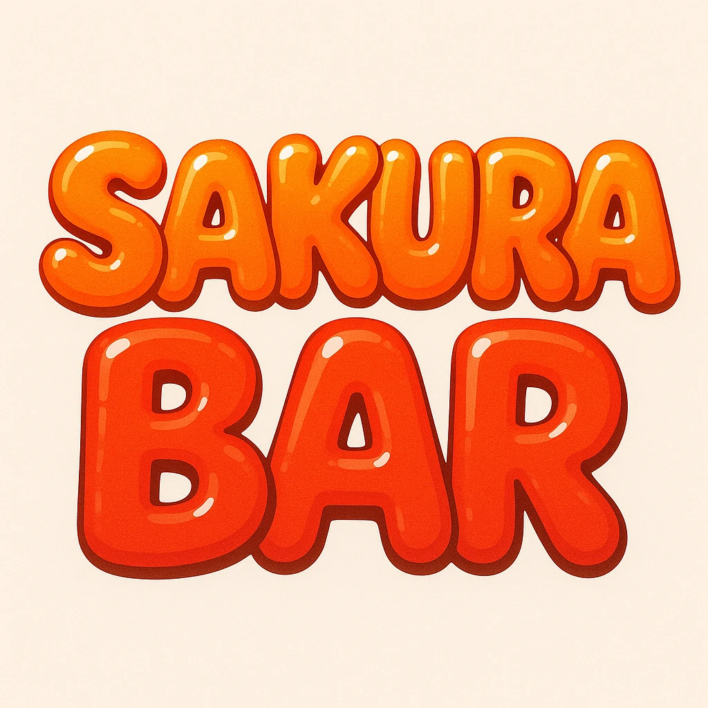 bubble letters in orange and red that say 'Sakura Bar', rounded and glossy, energetic and lively emoji