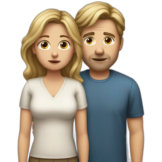 40 year old woman with dirty blond hair holding a 45 year old man with brown hair, both crying and sad emoji