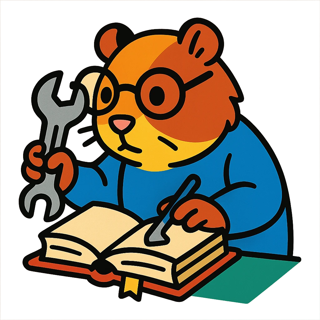 studious guinea pig with glasses, holding a wrench and fixing a book, vibrant toon style emoji
