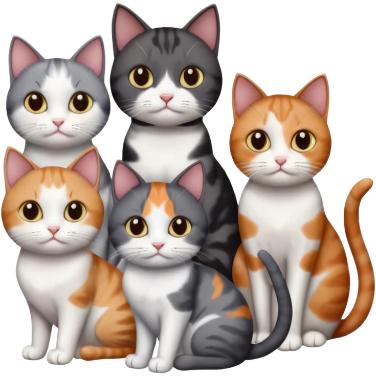 5 different coloured short haired cats including; a dark brown and white cat, and a dark grey and white, and a calico emoji
