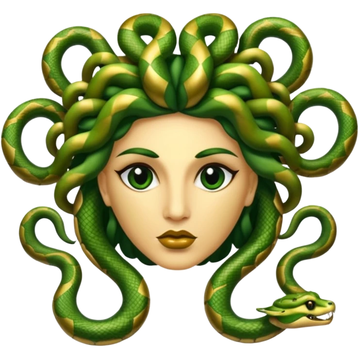 The Sicilian Medusa in gold and green and make the snake hair have snake faces  emoji