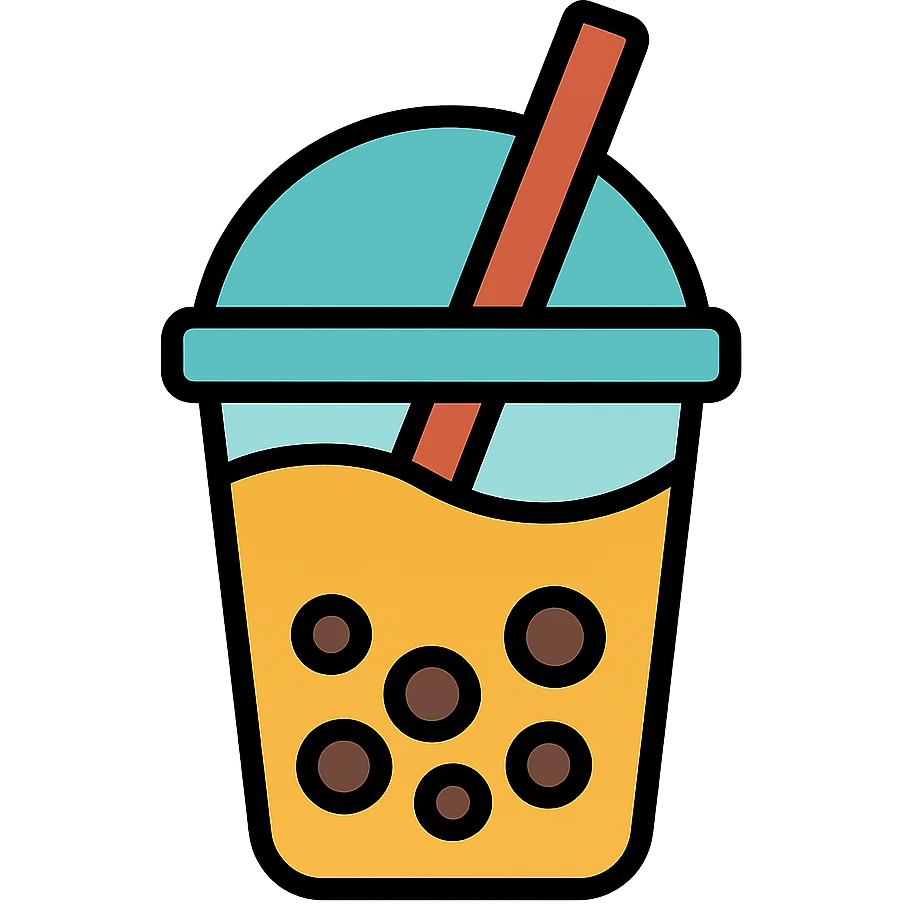 colorful outlined icon of a boba tea cup with straw and pearls emoji