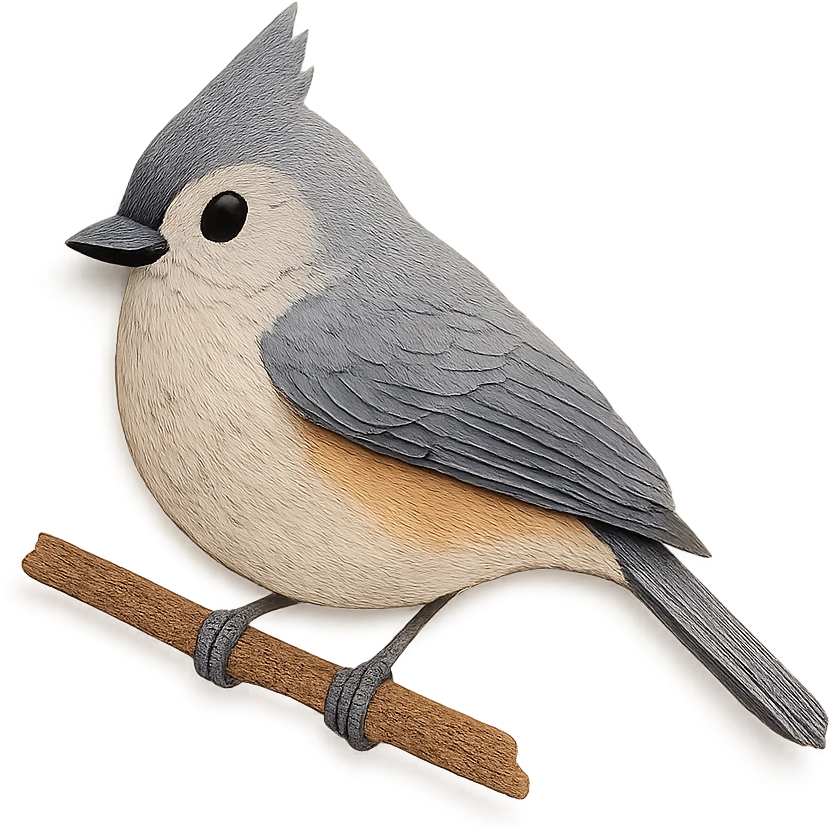tufted titmouse sitting on a branch, delicate paper layers, realistic feather patterns, subtle color variations emoji