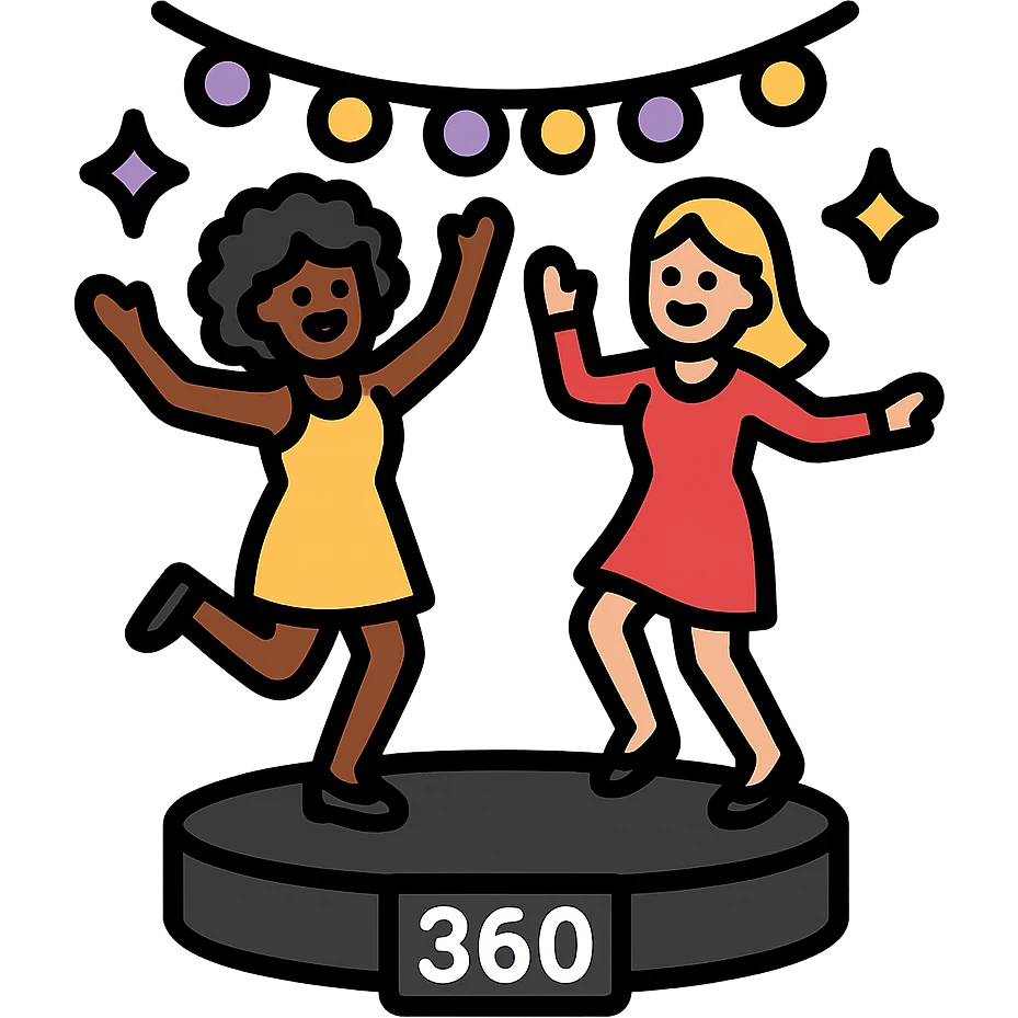 small simple icon of two women, one Black and one White, dancing on a 360 spin booth, surrounded by party lights in purple gold and black, luxury event style emoji