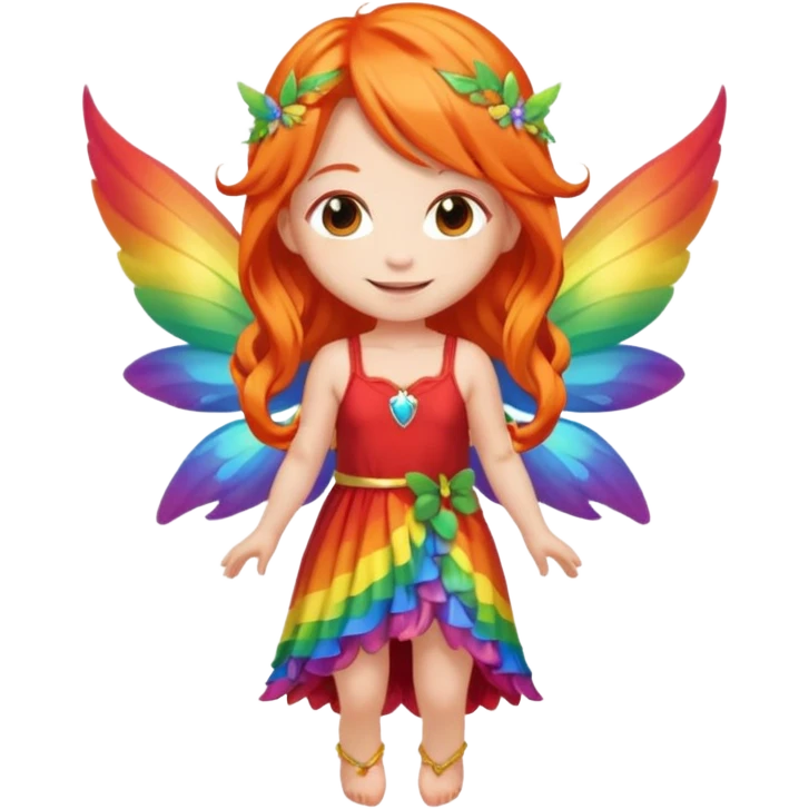 fairy with long orange hair, rainbow wings, red dress, happy, chibi full body emoji