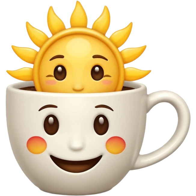 a playful and warm coffee cup with a sun rising from it, emoji style emoji