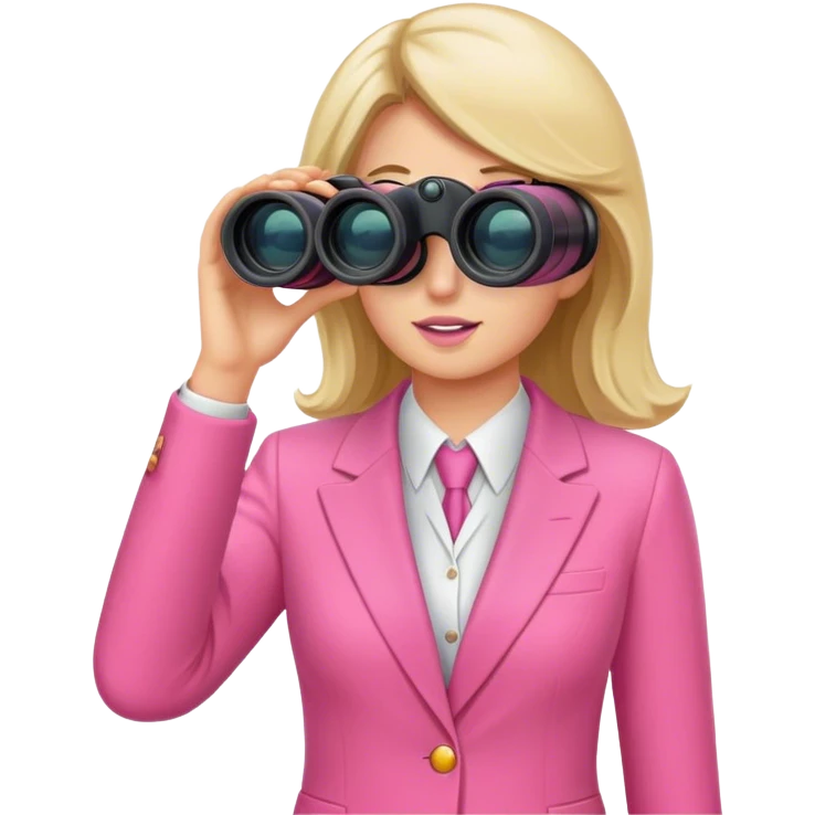 white female employee in pink suit using binoculars emoji