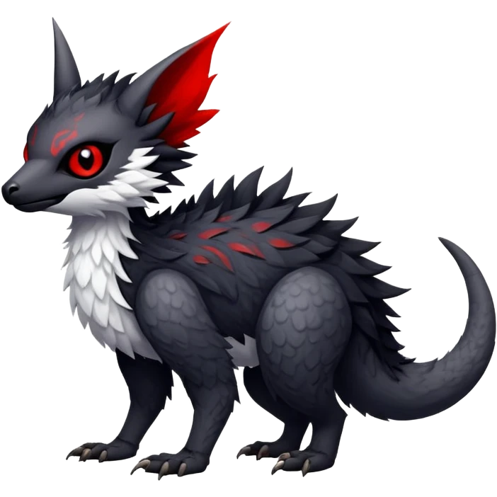 a white exotic edgy vernid-fionbr-Fakémon-creature, with black belly and red eyes, full body emoji
