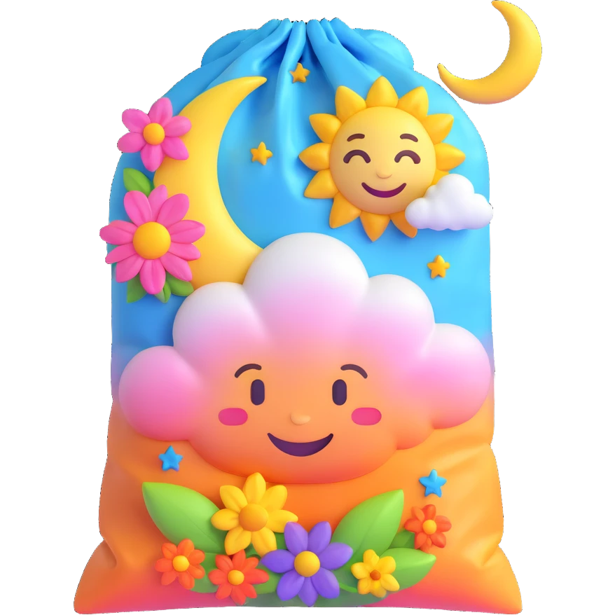 A cute plastic bag with a drawstring, containing a smiling cloud, crescent moon, stars, and colorful flowers, in 3D iOS emoji style, soft gradients, glossy finish, no background. emoji
