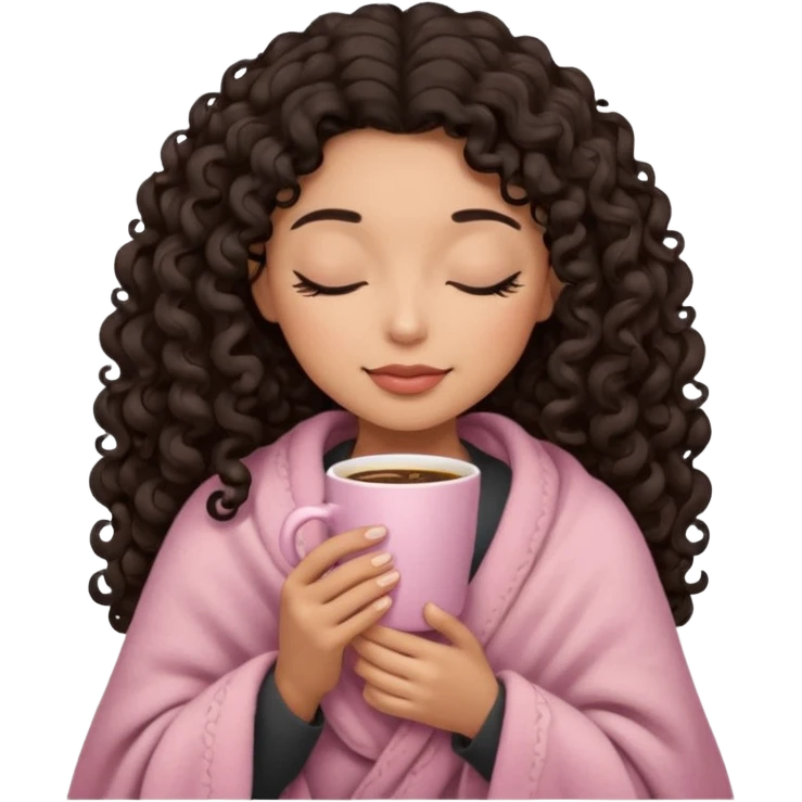 hispanic woman, light brown skin, black long 3b curls, closed eyes, feminine face, holding soft pink coffee cup with beige blanket over shoulders emoji