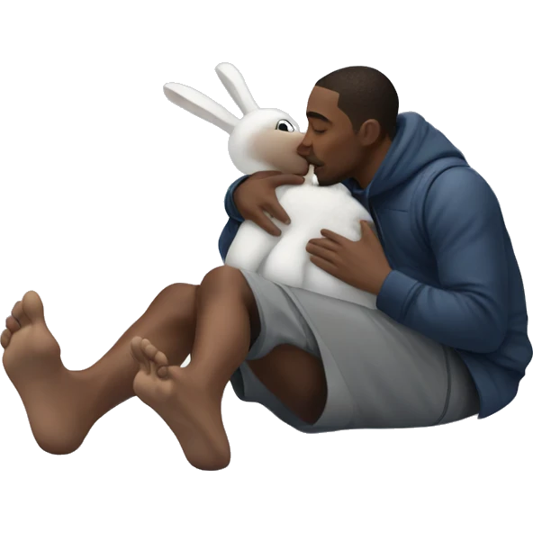Black man kissing a snow bunny laying on the floor with his feet in the air on a snowy forest emoji