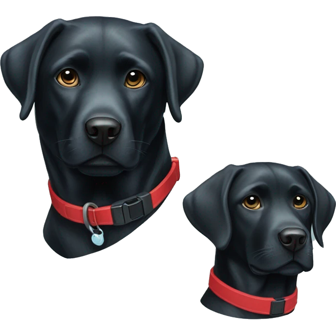 black-coloured labrador on the left with red collar, black-coloured labrador on the right with light blue collar. emoji
