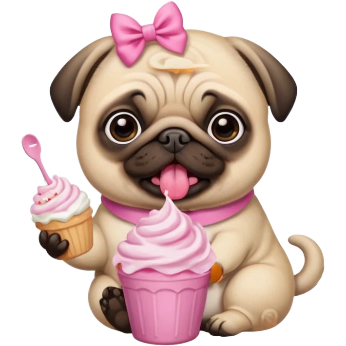 Pug com laço Rosa comendo ração  com chantilly Rosa emoji