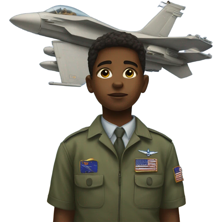 portrait of a boy gazing into the sky with the Air Force flying over head emoji