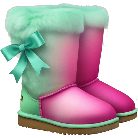 Realistic pair of hot pink to mint green ombre fur Ugg boots with silk ribbon bows. emoji