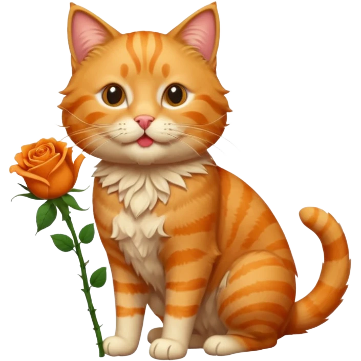 A fluffy, orange tabby cat fuul body, having a rose in it's mouth, and looked like he came from outside. emoji