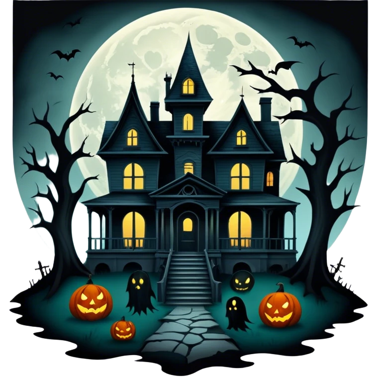 Icon for Horror Movies: A dark, eerie collage featuring iconic horror elements like a haunted house, a full moon, sinister shadows, and creepy creatures emerging from the darkness. The atmosphere should be chilling, with a feeling of suspense and fear. Transparent background. emoji