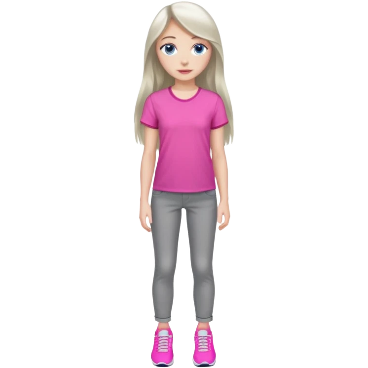 beautiful girl with long fair hair, blue eyes, in a vivid pink blouse, grey jeans and white trainers emoji