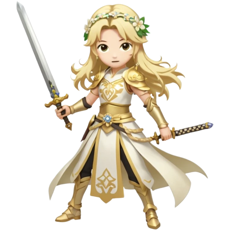 Lumine (from Genshin Impact) White and golden clothes, blonde, long-haired, with flower hair clip, and wielding a sword (full body) emoji