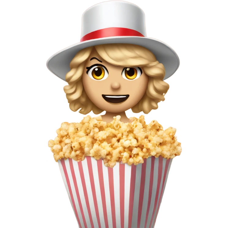 Taylor swift in a popcorn bucket wearing a circus tophat emoji