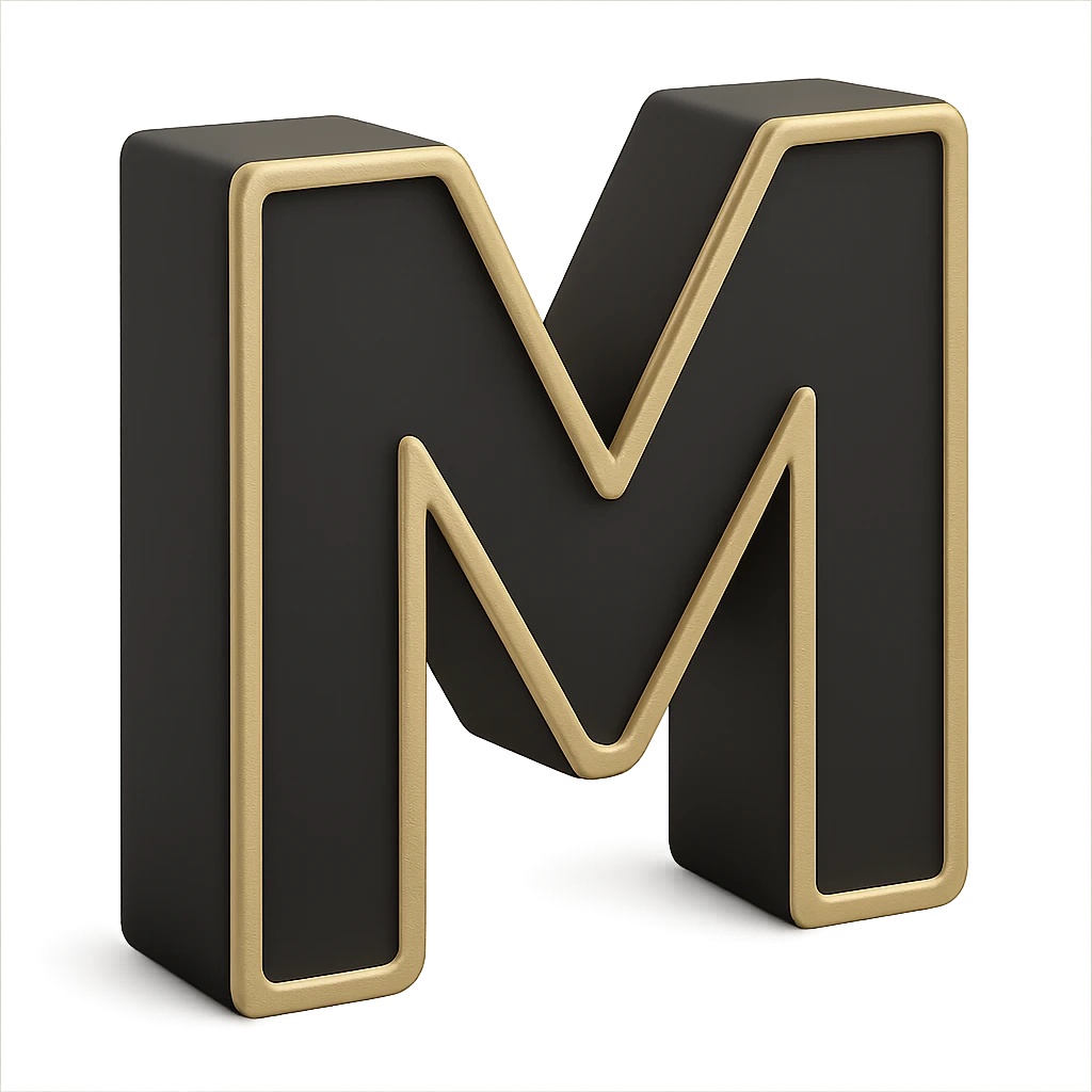 Create the letter M in the 3D Black style, matching the bold, clear, gold-edged look of the reference letter A. emoji