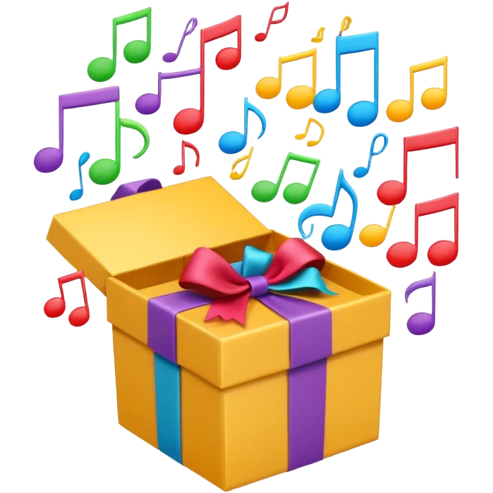 A wrapped gift box opening with colorful music notes flying out. the box is open  emoji