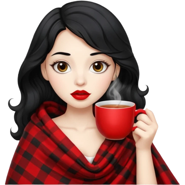Long wavy Black haired, white skinned, black big eyed girl with red lipstick wrapped in a blanket, sipping tea emoji