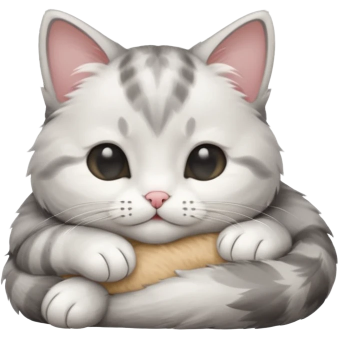 grey and white small cat with its eyes closed lying down with its head resting own paw emoji
