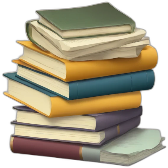 A pile of books, a pile of papers, a computer emoji
