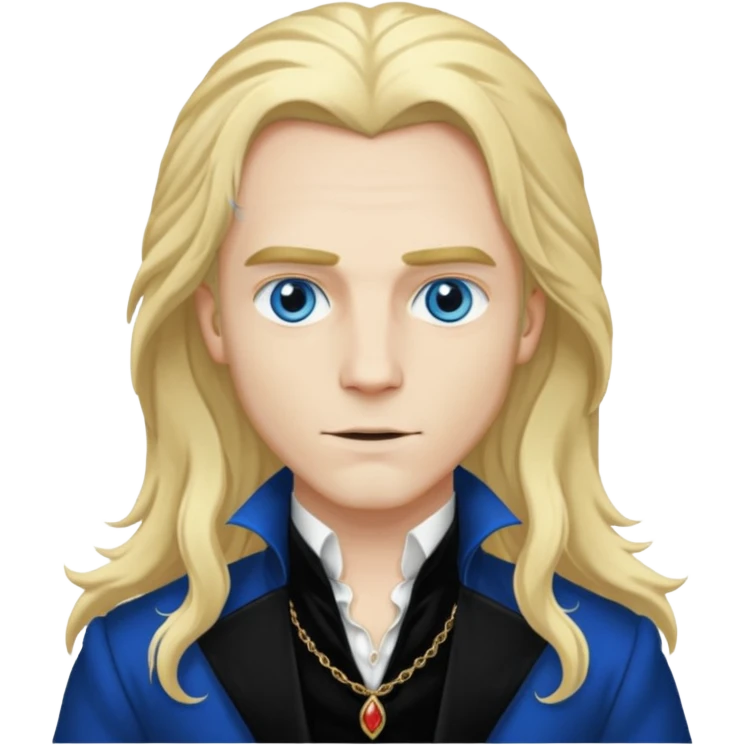 Lestat de Lioncourt with white skin, blue eyes , long blonde hair, black outfit emoji