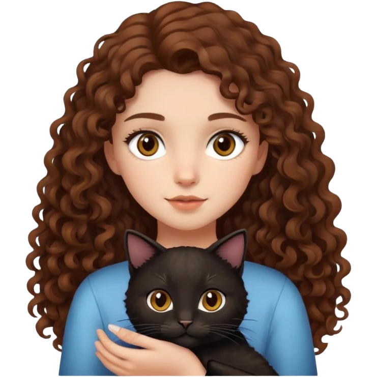 long Brown curly hair and brown eyes girl holding black cat emoji