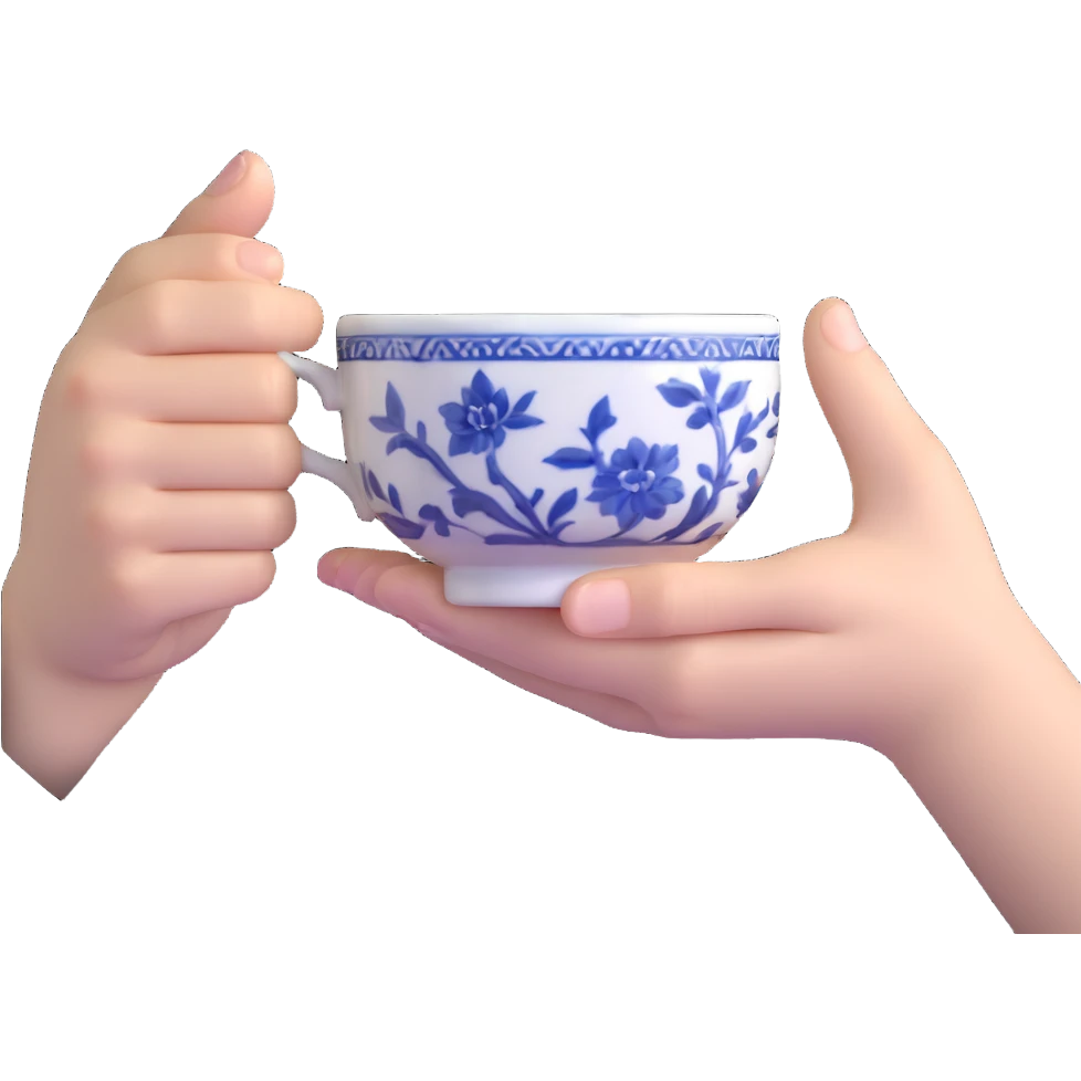 human hand holding a small traditional Chinese blue and white porcelain tea cup without handle emoji