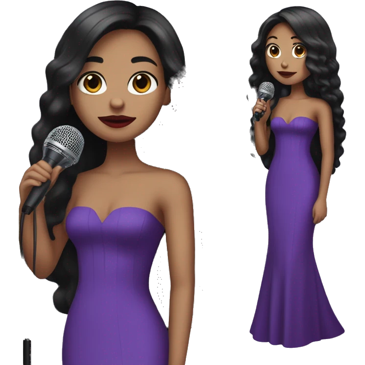 tall girl with long straight black hair with red lipstick with a microphone and purple prom dress emoji