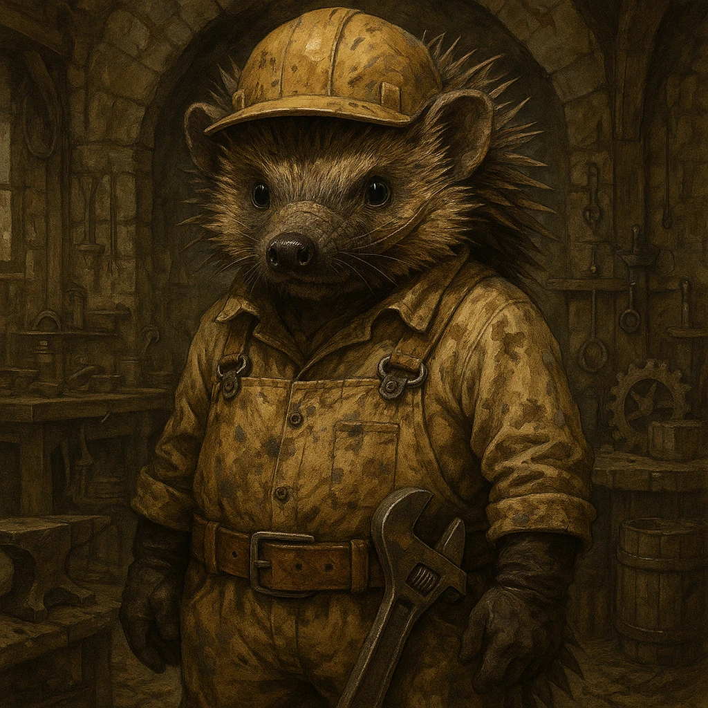fantasy hedgehog character in engineer uniform, soiled clothes and muzzle, medieval workshop backdrop, direct look, dungeons and dragons, detailed illustration, artstation quality emoji
