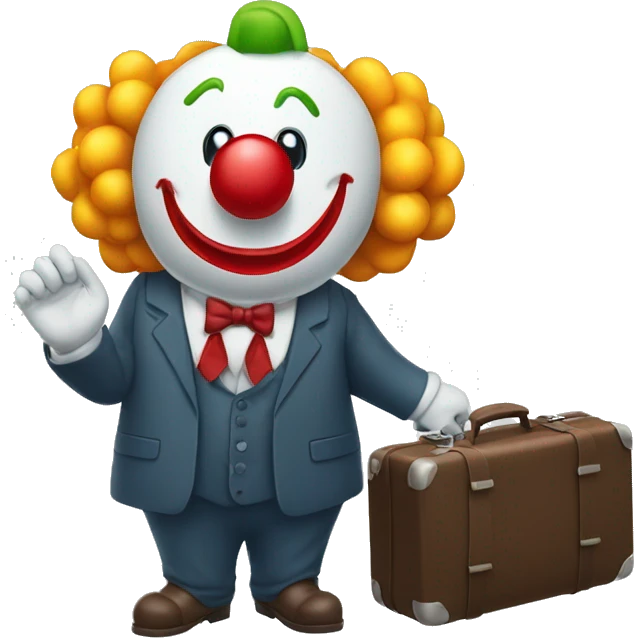 A clown in a business suit with a suitcase of money in his hand in full growth emoji