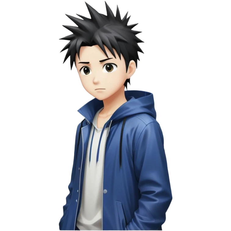 Anime-style boy with spiky hair standing alone in the rain, anime aesthetic emoji