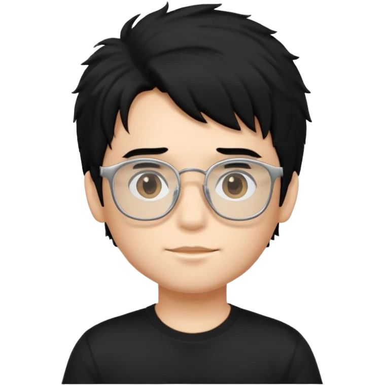 a boy wearing black t-shirt, has fluffy black hair and silver rectangular glasses emoji