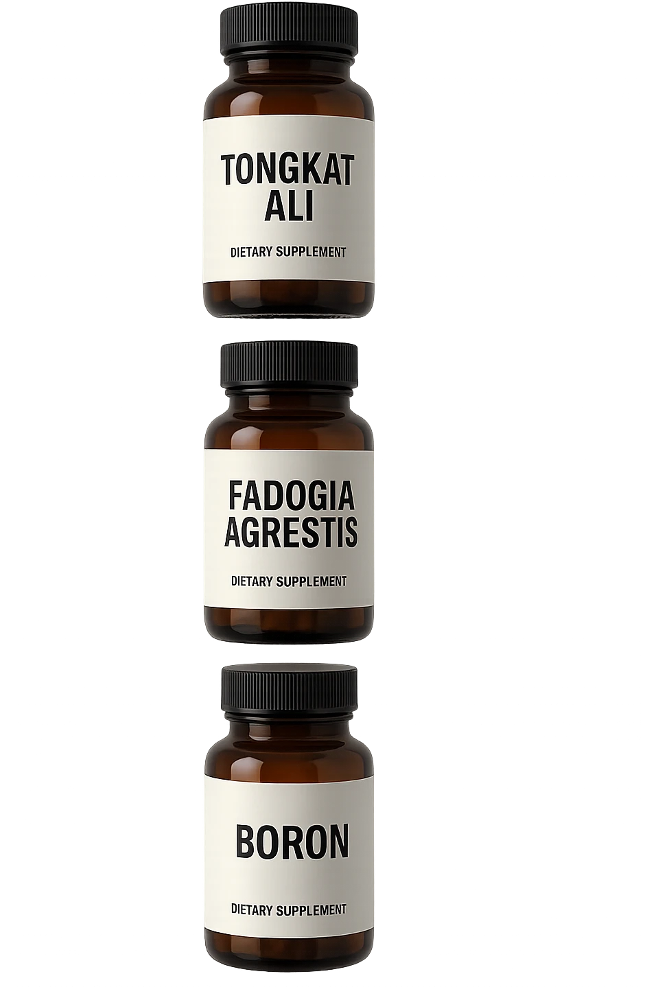 4 boccette di integratore: Tongkat Ali, Fadogia Agrestis, Boron e Zinco fluttuano in aria verticalmente emoji