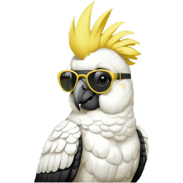 sulfer crested cockatoo wearing sunglasses sitting in a green fern tree with an australian street sign saying 'cockatoo' emoji