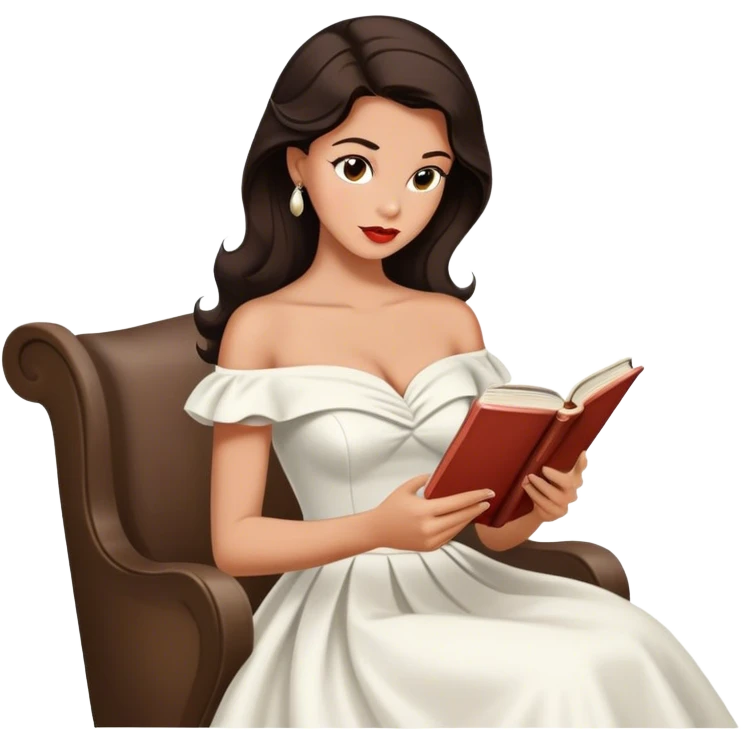 Beautiful woman in 1950’s woman fashion look, off-shoulder white dress, long dark brown hair, reading  emoji