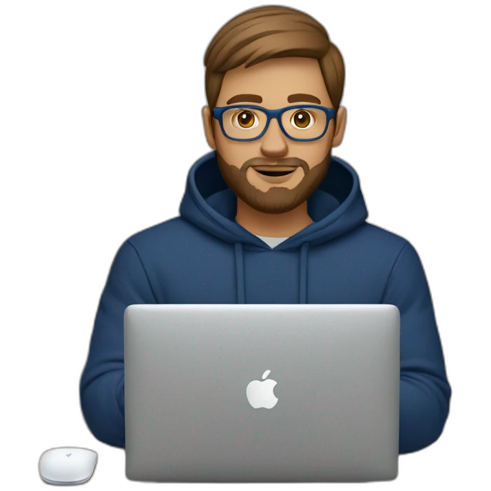 Brown short hair white man with a beard and round glasses typing on apple computer wearing a dark blue nike hoodie emoji