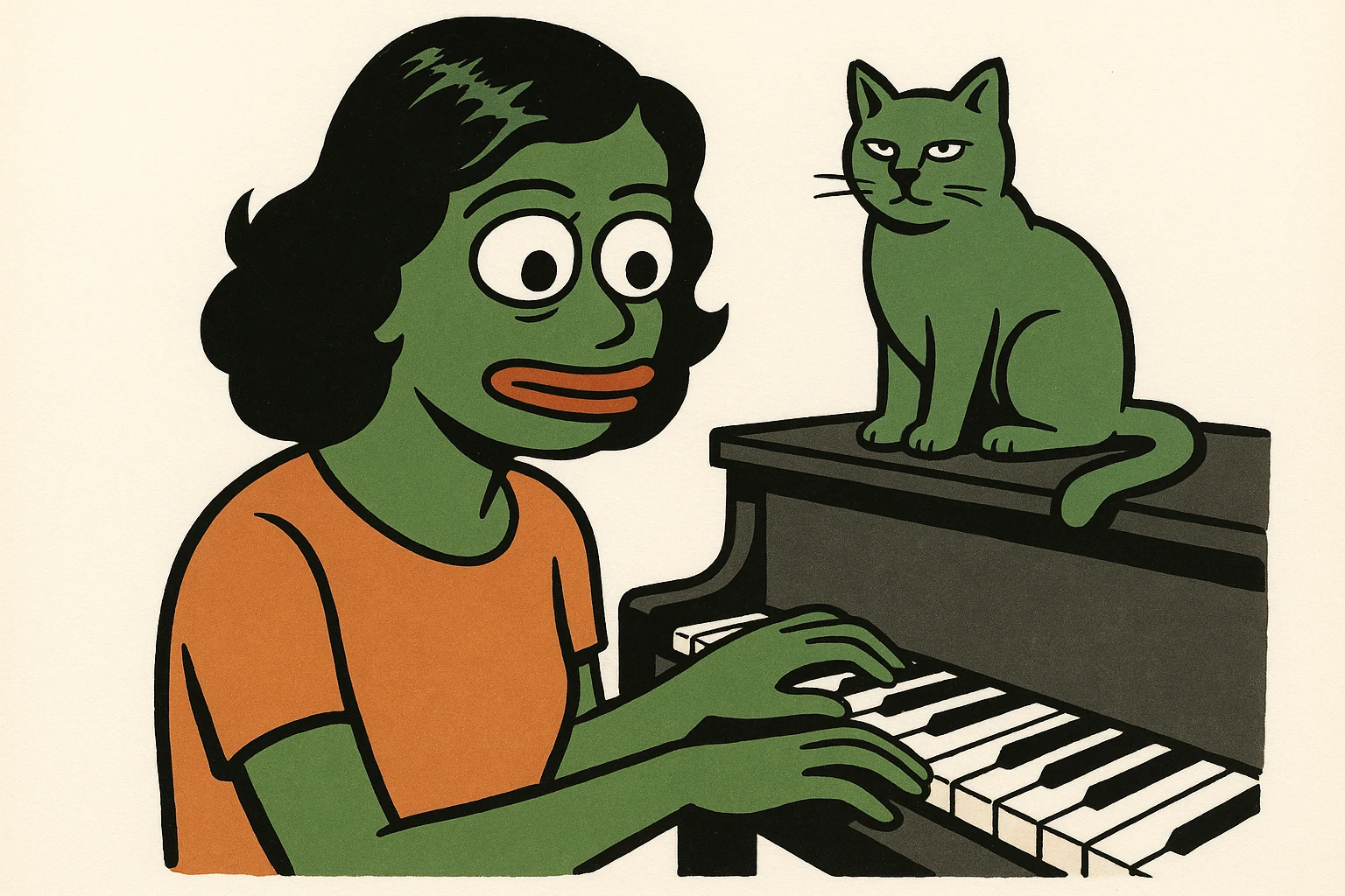 woman playing piano while her cat sits on top of the piano emoji