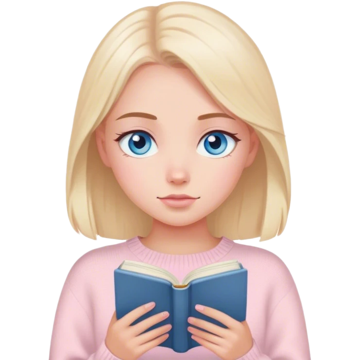 Pretty blue eyed white girl with light pink sweater reading cozy emoji