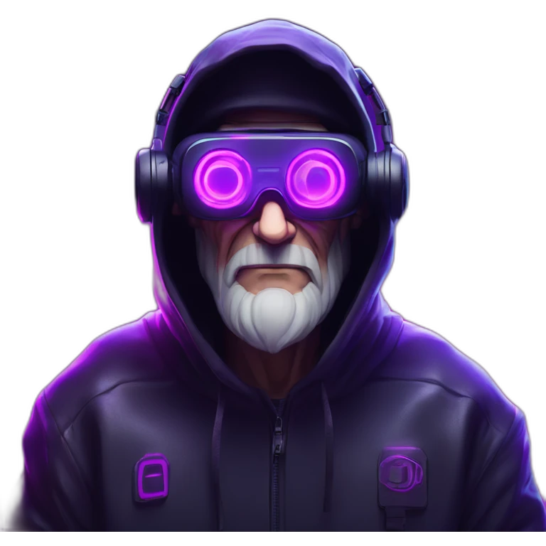 Russian old man wearing a black hoodie with "OMG" letters on it and VR headset in a cyberpunk VR environment with violet neon lighting. emoji
