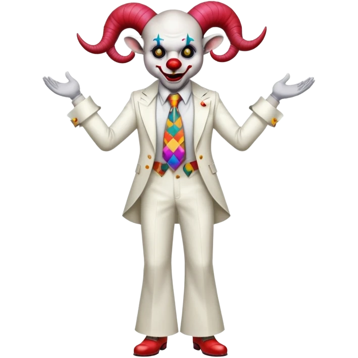 full-body demonic clown in a white leisure suit with bellbottom pants, bald, black ram horns, flashy belt, ruffled shirt, colorful tie, no elevator shoes emoji